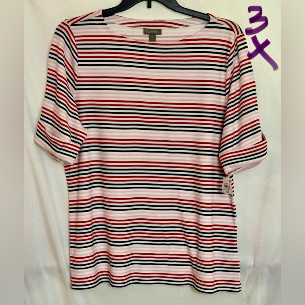 Style & Co. Women's Short Sleeve Striped Tee - Red, Black, White